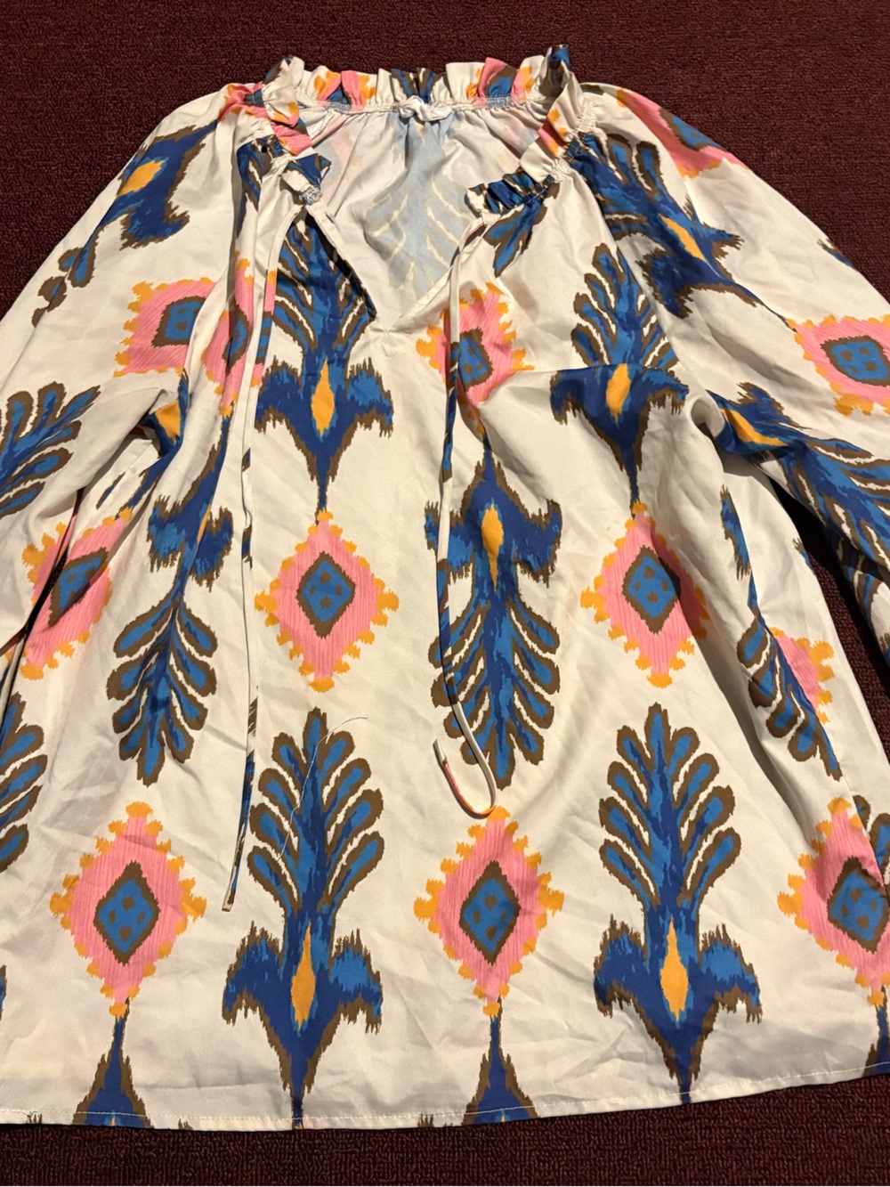 White Blouse with Blue & Pink Ikat Print